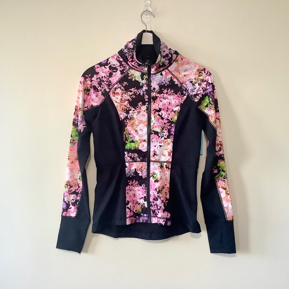 Athleisure Zip up Jacket Stretchy Slim Fit Floral Print Matching Set Purple Pink